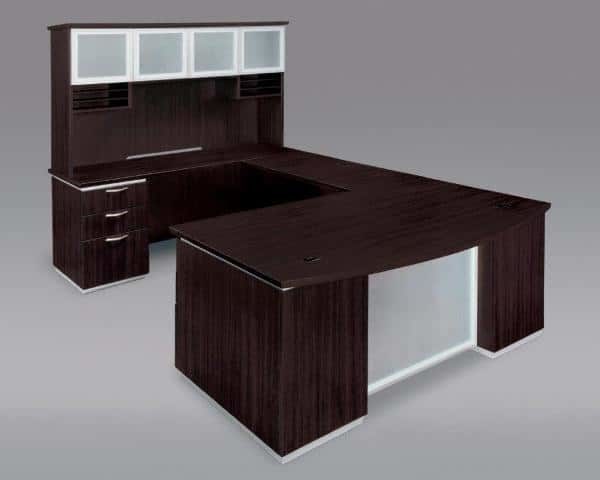 Left Executive Bow Front U Desk With Frosted Glass Modesty Panel